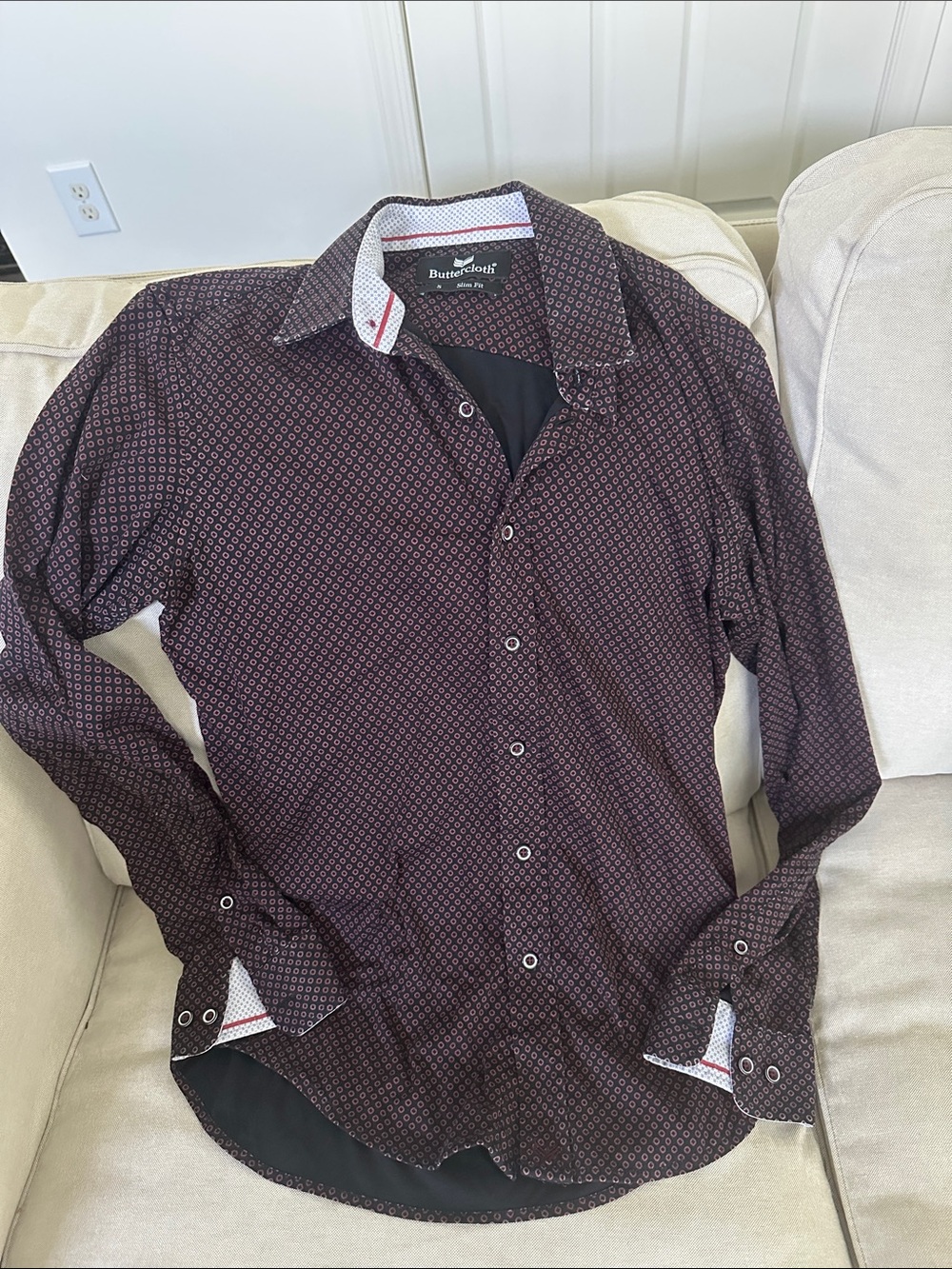Buttercloth Men's Long-Sleeve Dress Shirt - Burgundy Geometric